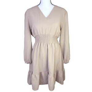 tan vneck smocked waist 3/4 sleeve dress